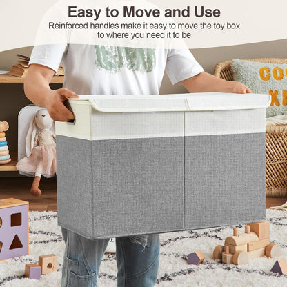 Large Toy Storage Box with Lid, Collapsible Toys Storage Organizer Bins with Dividers and Handles, Storage Chest Bin for Kids, Boys, Girls, Nursery 25"x13" x16" (Beige & White)