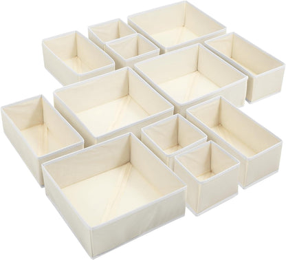 12 Pack Linen Drawer Organizer Set – Collapsible Fabric Storage Bins for Baby Clothes, Diapers, Socks, Bras & More (Beige, 3 Sizes)