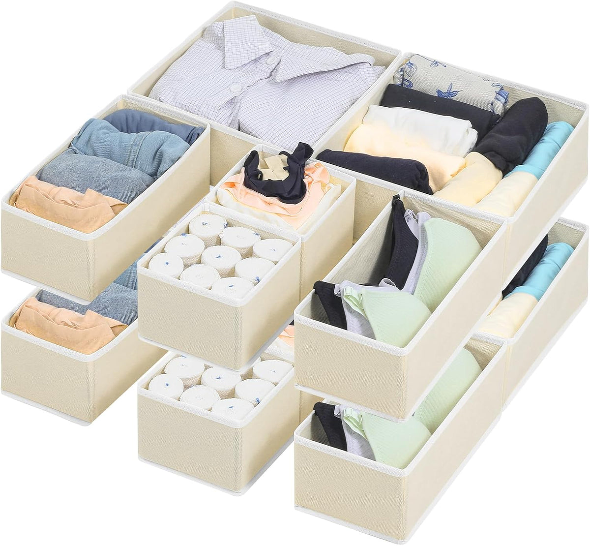 12 Pack Linen Drawer Organizer Set – Collapsible Fabric Storage Bins for Baby Clothes, Diapers, Socks, Bras & More (Beige, 3 Sizes)
