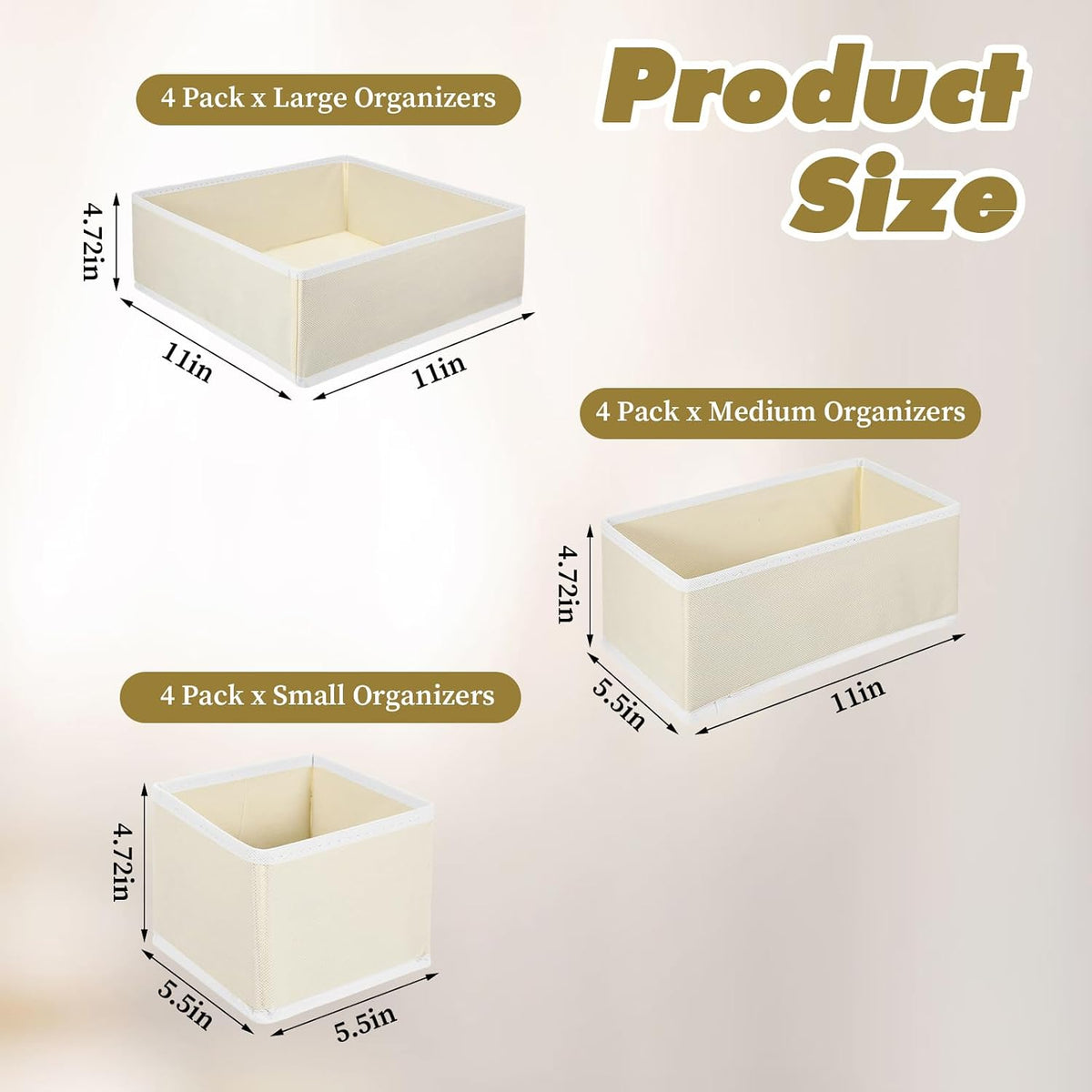 12 Pack Linen Drawer Organizer Set – Collapsible Fabric Storage Bins for Baby Clothes, Diapers, Socks, Bras & More (Beige, 3 Sizes)