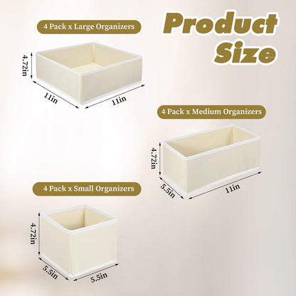 12 Pack Linen Drawer Organizer Set – Collapsible Fabric Storage Bins for Baby Clothes, Diapers, Socks, Bras & More (Beige, 3 Sizes)