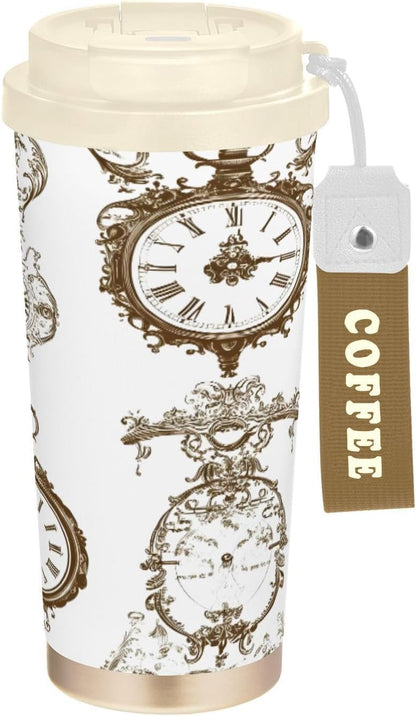 Clock Insulated Travel Coffee Mug 17oz,Reusable Stainless Steel Coffee Tumbler Cup with Flip Lid Leak Proof Spill Proof for Office School Party Camping Hot and Cold Drink