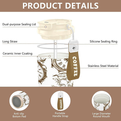 Clock Insulated Travel Coffee Mug 17oz,Reusable Stainless Steel Coffee Tumbler Cup with Flip Lid Leak Proof Spill Proof for Office School Party Camping Hot and Cold Drink