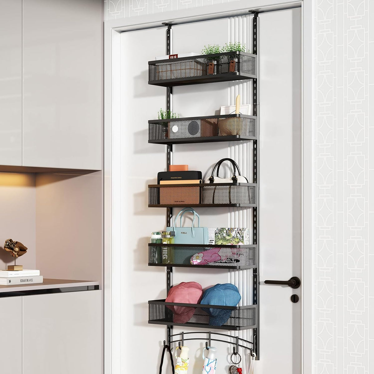 Over the Door Organizer with 5 Adjustable Baskets & 5 Hooks, Black