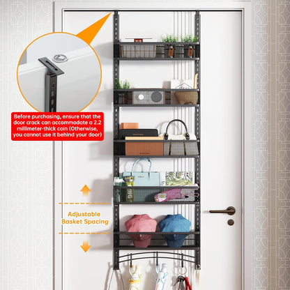 Over the Door Organizer with 5 Adjustable Baskets & 5 Hooks, Black