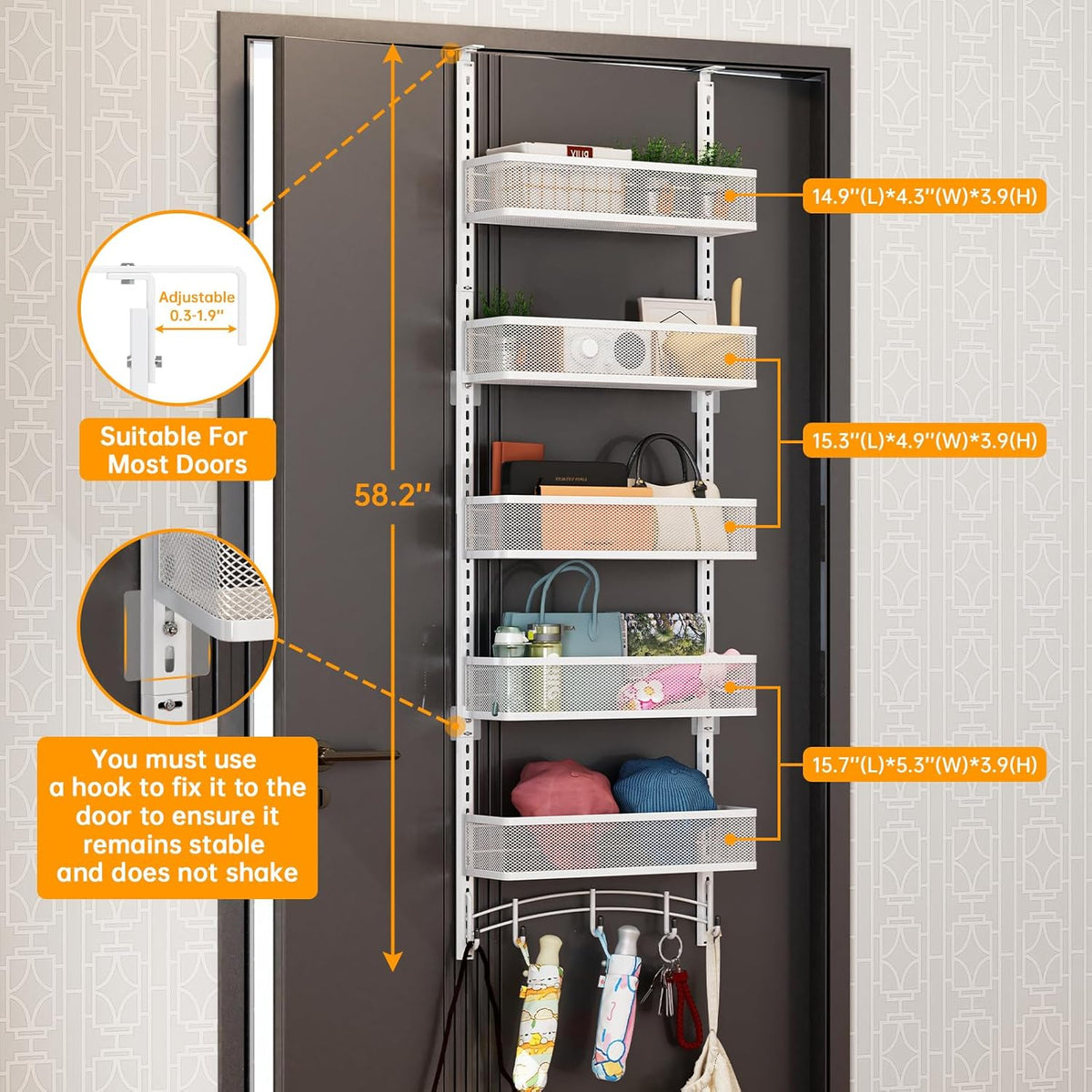 Over the Door Organizer with 5 Adjustable Baskets & 5 Hooks, Black