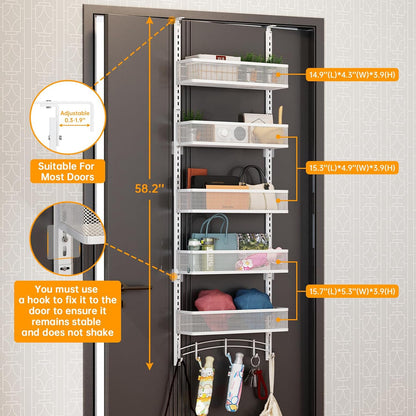Over the Door Organizer with 5 Adjustable Baskets & 5 Hooks, Black