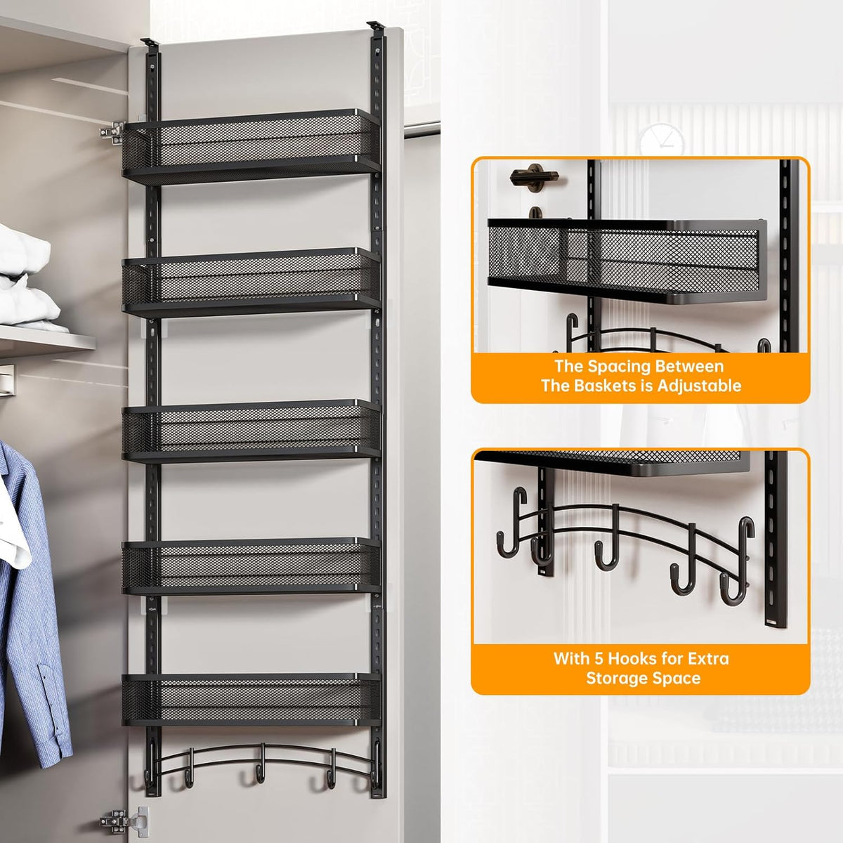 Over the Door Organizer with 5 Adjustable Baskets & 5 Hooks, Black