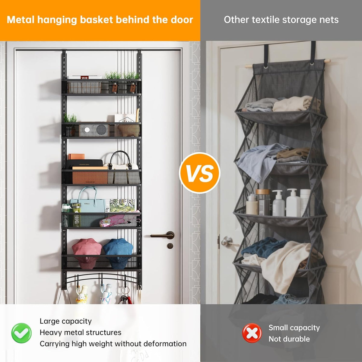 Over the Door Organizer with 5 Adjustable Baskets & 5 Hooks, Black