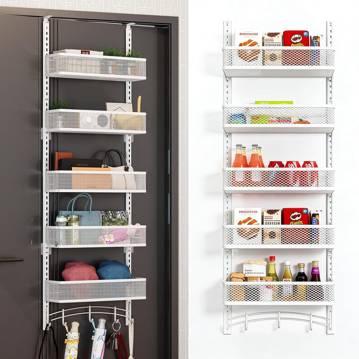 Over the Door Organizer with 5 Adjustable Baskets & 5 Hooks, Black