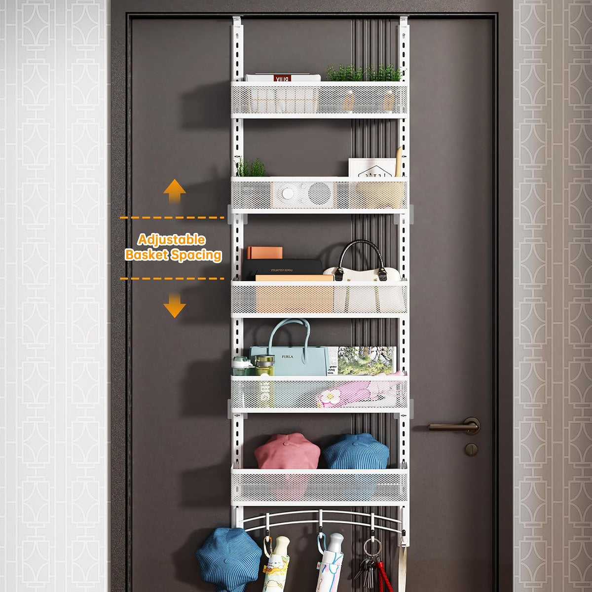 Over the Door Organizer with 5 Adjustable Baskets & 5 Hooks, Black