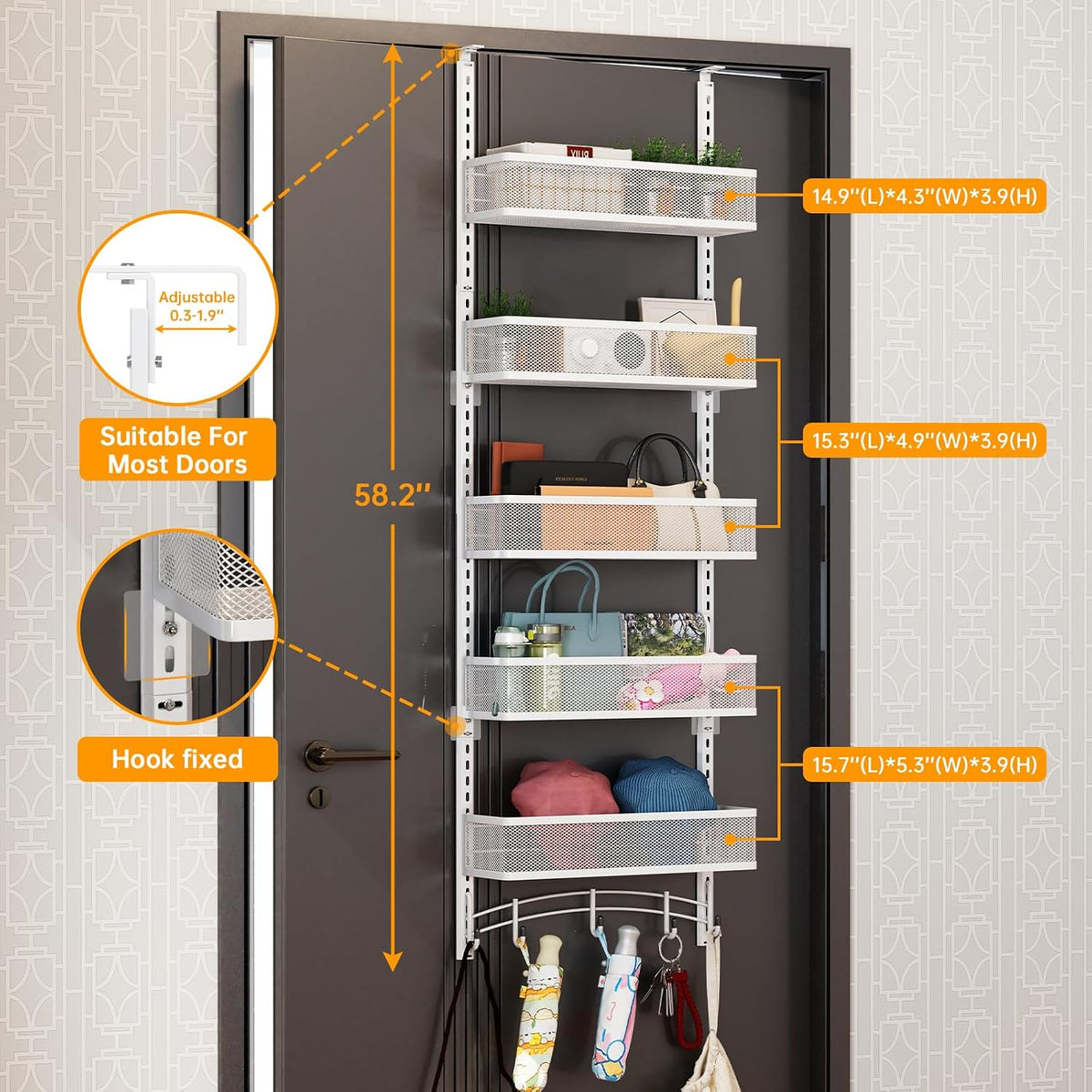 Over the Door Organizer with 5 Adjustable Baskets & 5 Hooks, Black