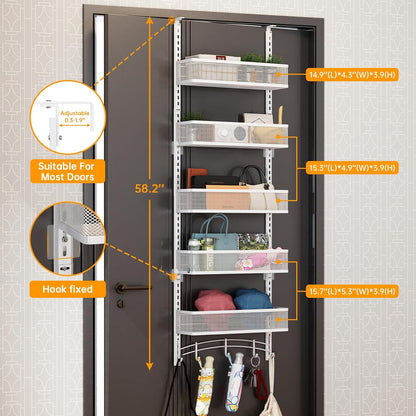Over the Door Organizer with 5 Adjustable Baskets & 5 Hooks, Black