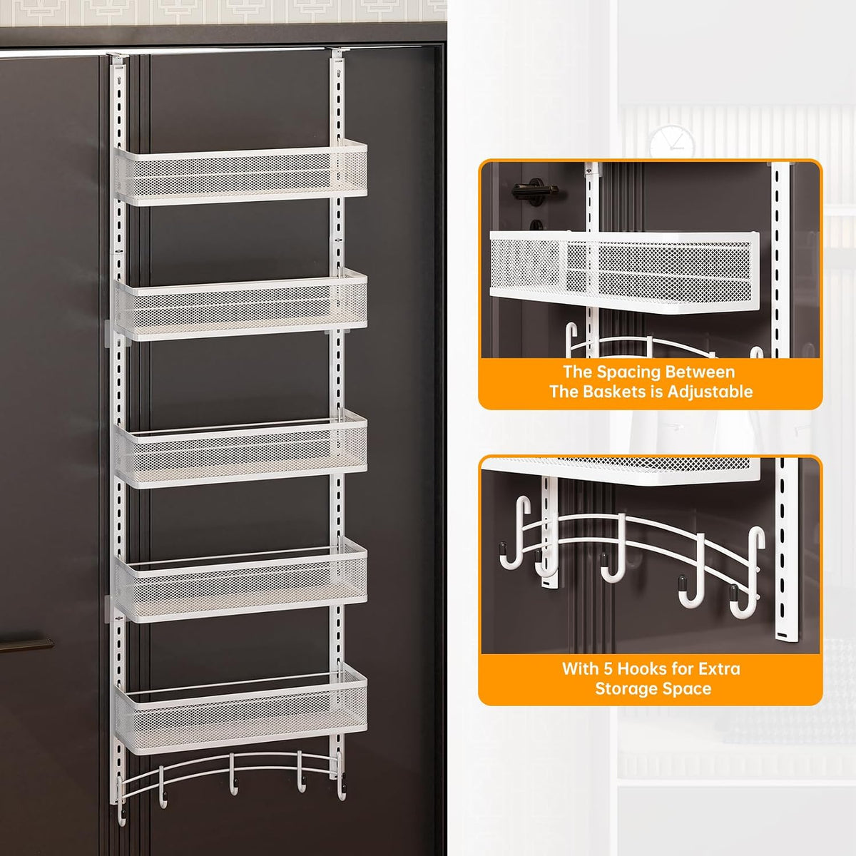 Over the Door Organizer with 5 Adjustable Baskets & 5 Hooks, Black