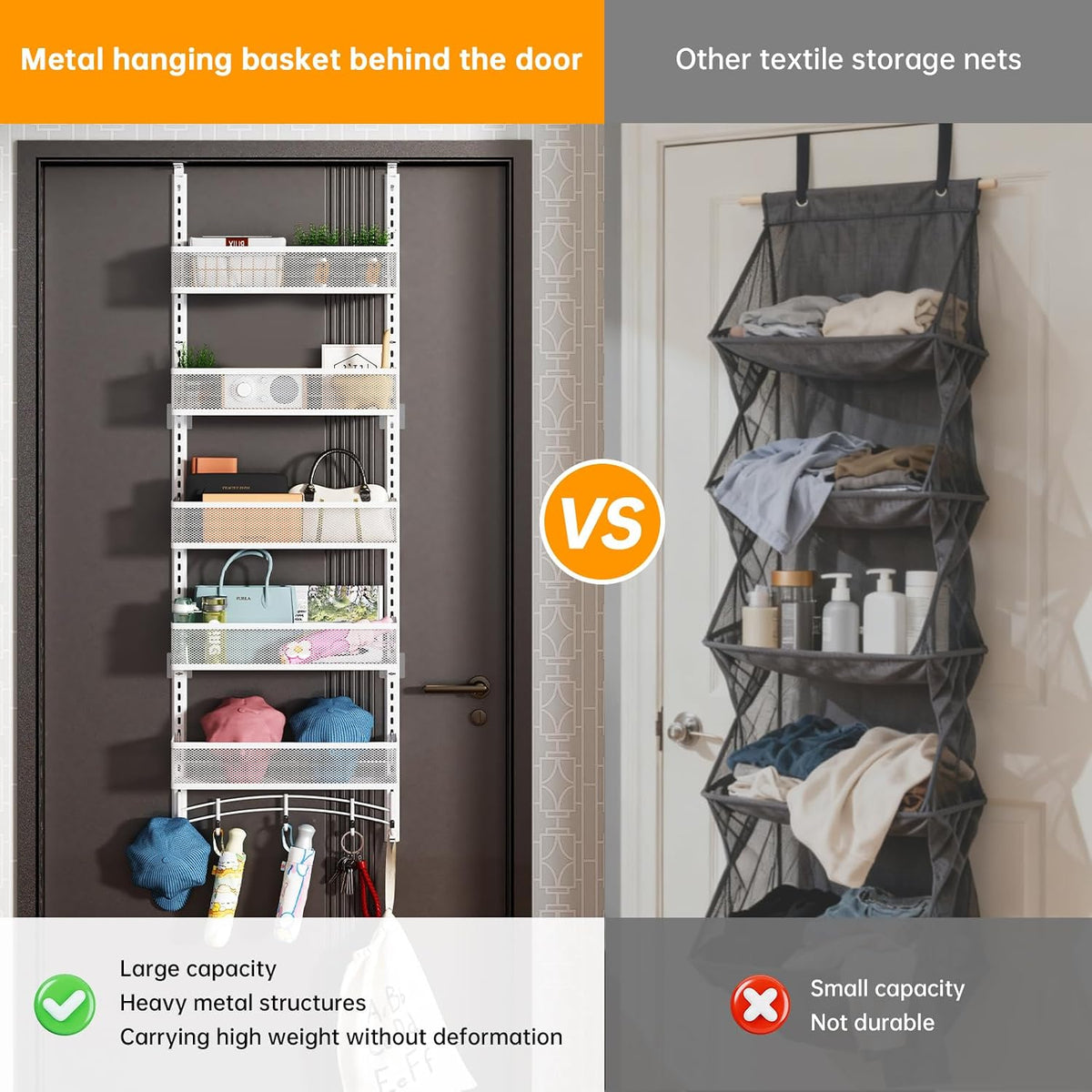 Over the Door Organizer with 5 Adjustable Baskets & 5 Hooks, Black