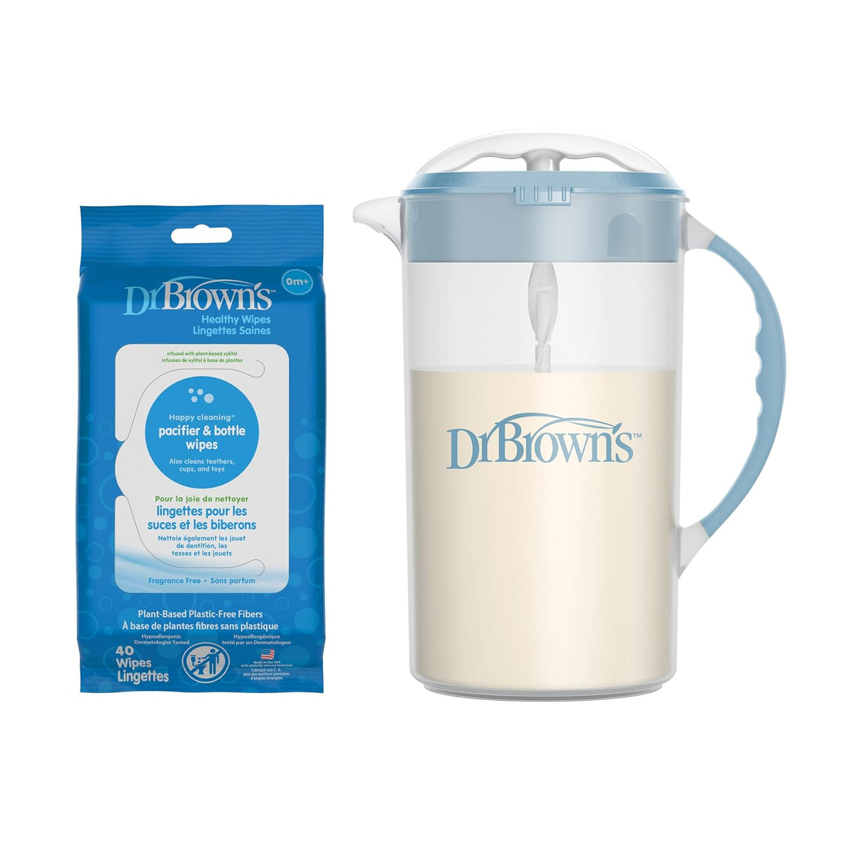 Baby Formula Mixing Pitcher, 36oz with Adjustable Stopper and Pacifier and Bottle Wipes, 40 Count