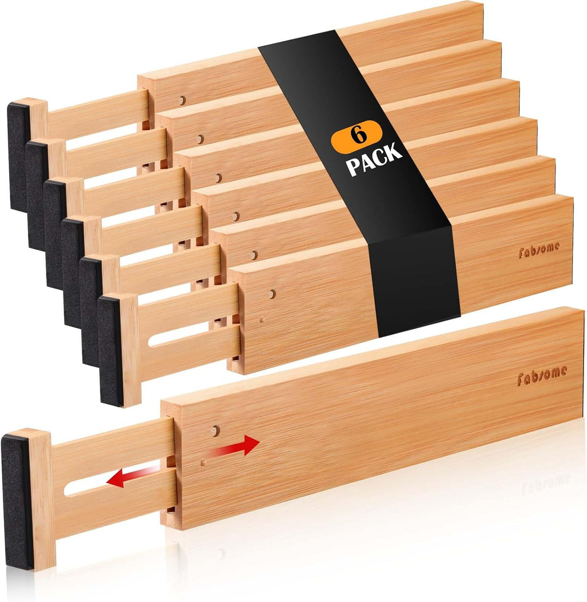 Drawer Divider 6 Pack, Bamboo Dresser Organizers for Clothes Socks Underwear Baby Clothing, Wooden Separators for Nursery Organization Adjustable from 12.5'' to 17'' with Soft Foam Ends