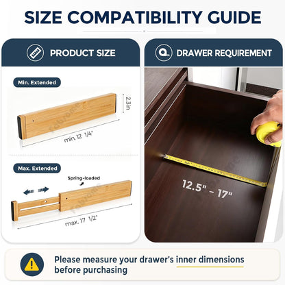 Drawer Divider 6 Pack, Bamboo Dresser Organizers for Clothes Socks Underwear Baby Clothing, Wooden Separators for Nursery Organization Adjustable from 12.5'' to 17'' with Soft Foam Ends