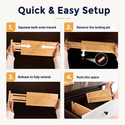 Drawer Divider 6 Pack, Bamboo Dresser Organizers for Clothes Socks Underwear Baby Clothing, Wooden Separators for Nursery Organization Adjustable from 12.5'' to 17'' with Soft Foam Ends
