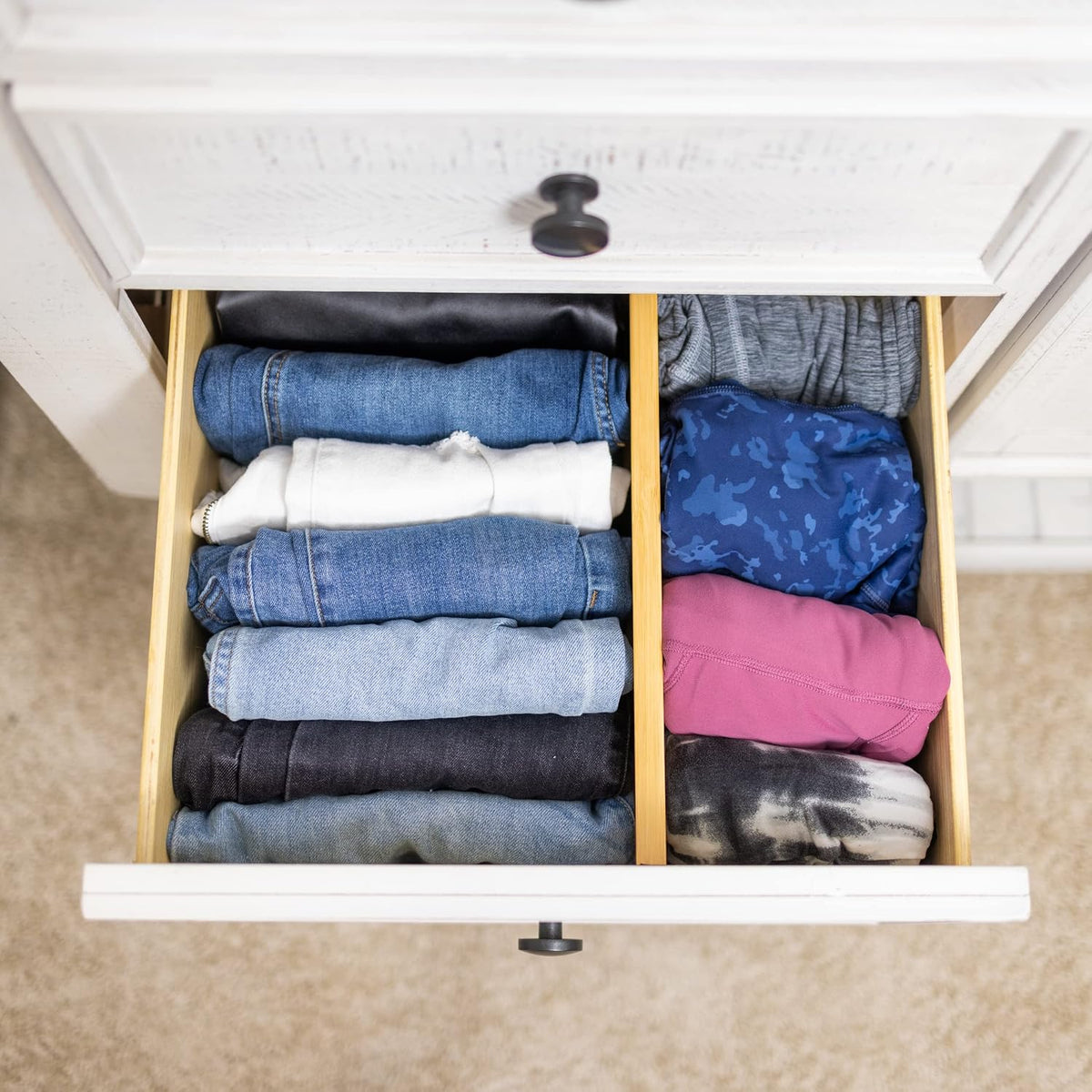 Drawer Divider 6 Pack, Bamboo Dresser Organizers for Clothes Socks Underwear Baby Clothing, Wooden Separators for Nursery Organization Adjustable from 12.5'' to 17'' with Soft Foam Ends