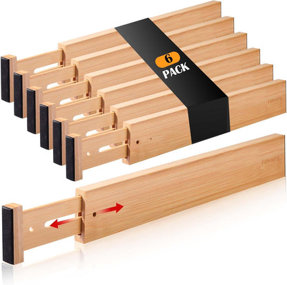 Drawer Divider 6 Pack, Bamboo Dresser Organizers for Clothes Socks Underwear Baby Clothing, Wooden Separators for Nursery Organization Adjustable from 12.5'' to 17'' with Soft Foam Ends