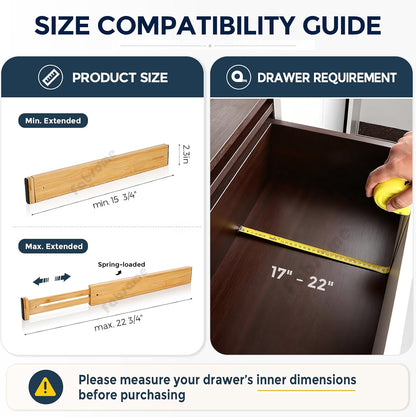 Drawer Divider 6 Pack, Bamboo Dresser Organizers for Clothes Socks Underwear Baby Clothing, Wooden Separators for Nursery Organization Adjustable from 12.5'' to 17'' with Soft Foam Ends