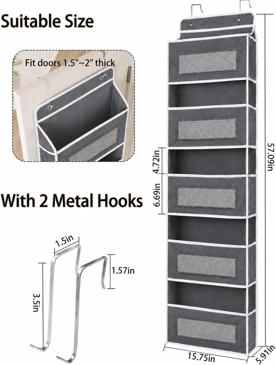 Over Door Organizer, 5 Tier Hanging Storage Rack, 44lb Heavy Duty