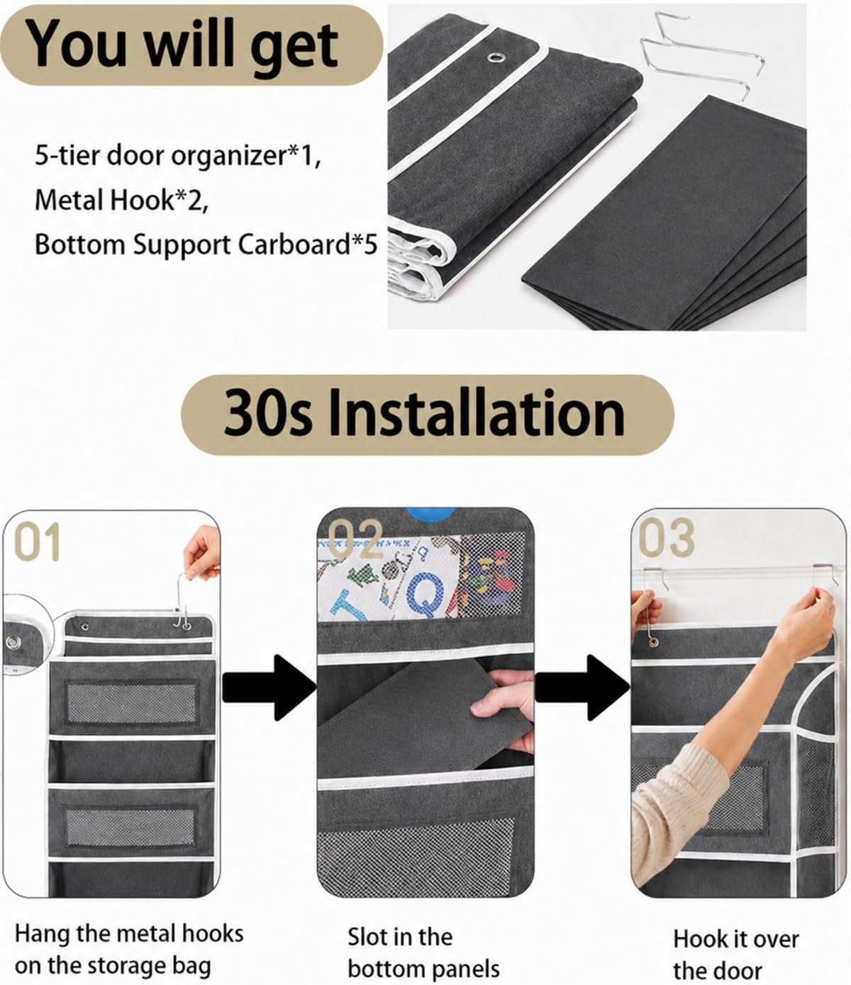 Over Door Organizer, 5 Tier Hanging Storage Rack, 44lb Heavy Duty