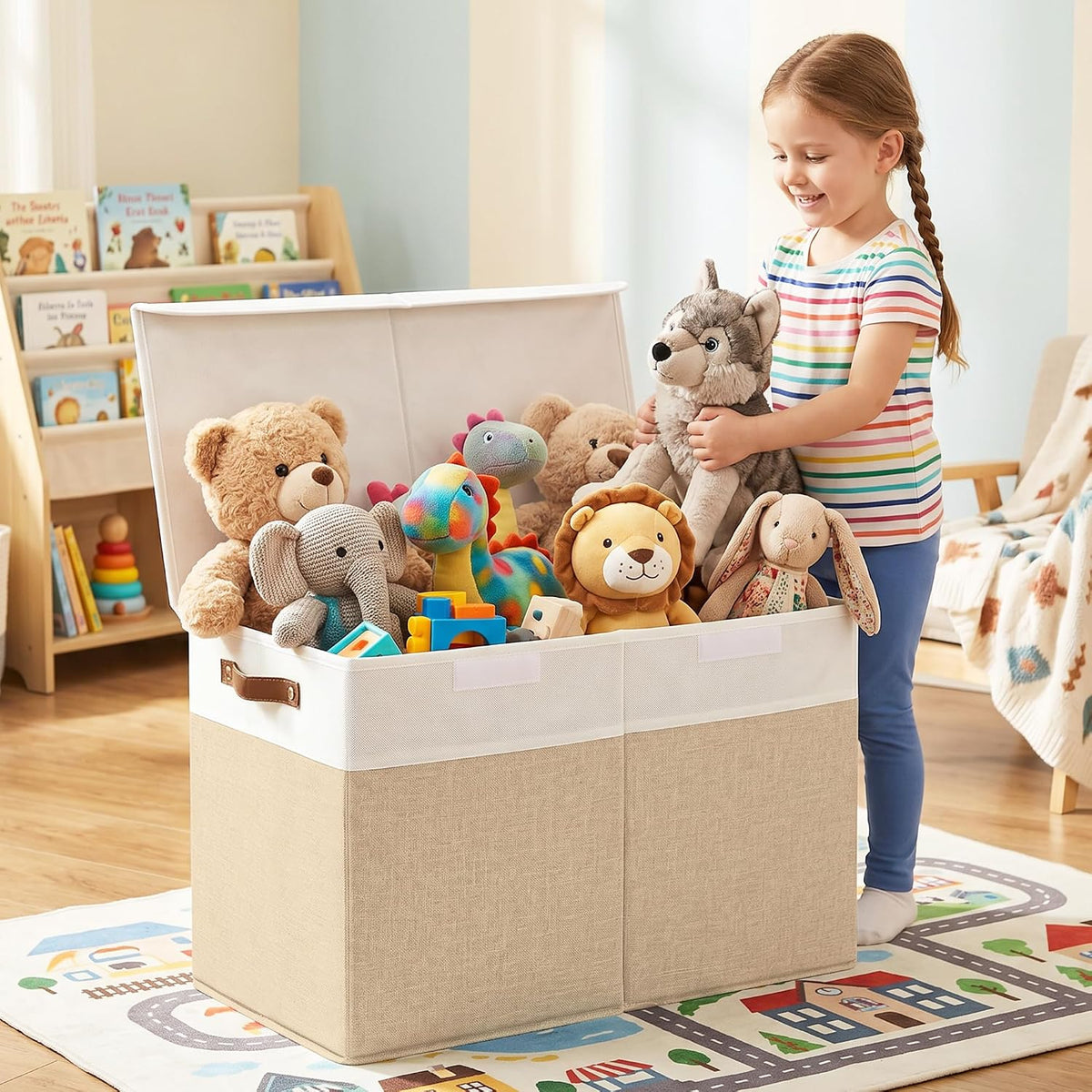 Large Toy Storage Box with Lids, Collapsible Sturdy Baby Storage Organizer Chest Bin Basket for Kids, Boys, Girls, Playroom, Nursery, Bedroom, Closet 25"x13"x16" (Beige and White)