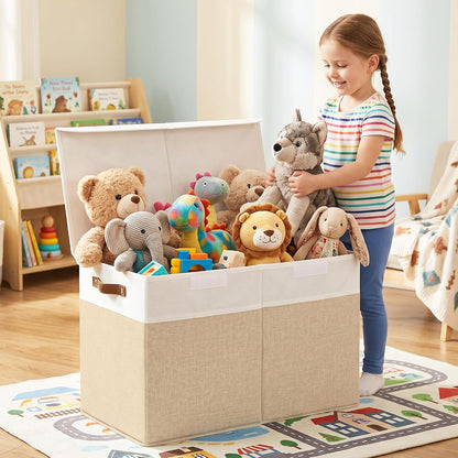 Large Toy Storage Box with Lids, Collapsible Sturdy Baby Storage Organizer Chest Bin Basket for Kids, Boys, Girls, Playroom, Nursery, Bedroom, Closet 25"x13"x16" (Beige and White)