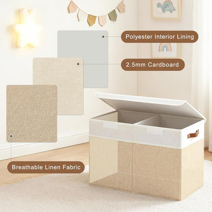 Large Toy Storage Box with Lids, Collapsible Sturdy Baby Storage Organizer Chest Bin Basket for Kids, Boys, Girls, Playroom, Nursery, Bedroom, Closet 25"x13"x16" (Beige and White)