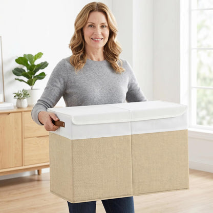 Large Toy Storage Box with Lids, Collapsible Sturdy Baby Storage Organizer Chest Bin Basket for Kids, Boys, Girls, Playroom, Nursery, Bedroom, Closet 25"x13"x16" (Beige and White)