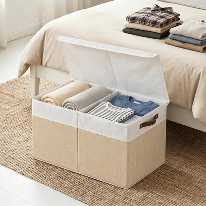 Large Toy Storage Box with Lids, Collapsible Sturdy Baby Storage Organizer Chest Bin Basket for Kids, Boys, Girls, Playroom, Nursery, Bedroom, Closet 25"x13"x16" (Beige and White)