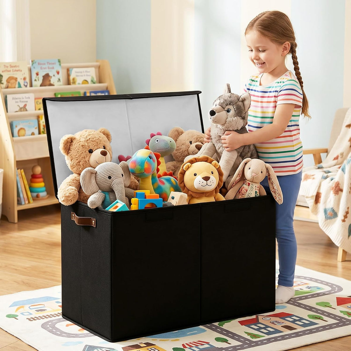 Large Toy Storage Box with Lids, Collapsible Sturdy Baby Storage Organizer Chest Bin Basket for Kids, Boys, Girls, Playroom, Nursery, Bedroom, Closet 25"x13"x16" (Beige and White)