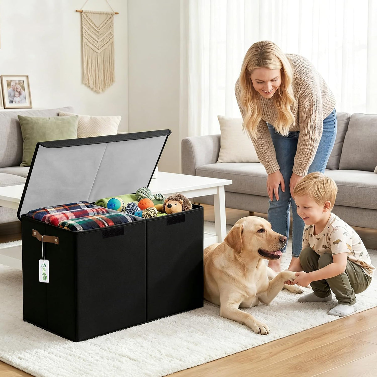 Large Toy Storage Box with Lids, Collapsible Sturdy Baby Storage Organizer Chest Bin Basket for Kids, Boys, Girls, Playroom, Nursery, Bedroom, Closet 25"x13"x16" (Beige and White)