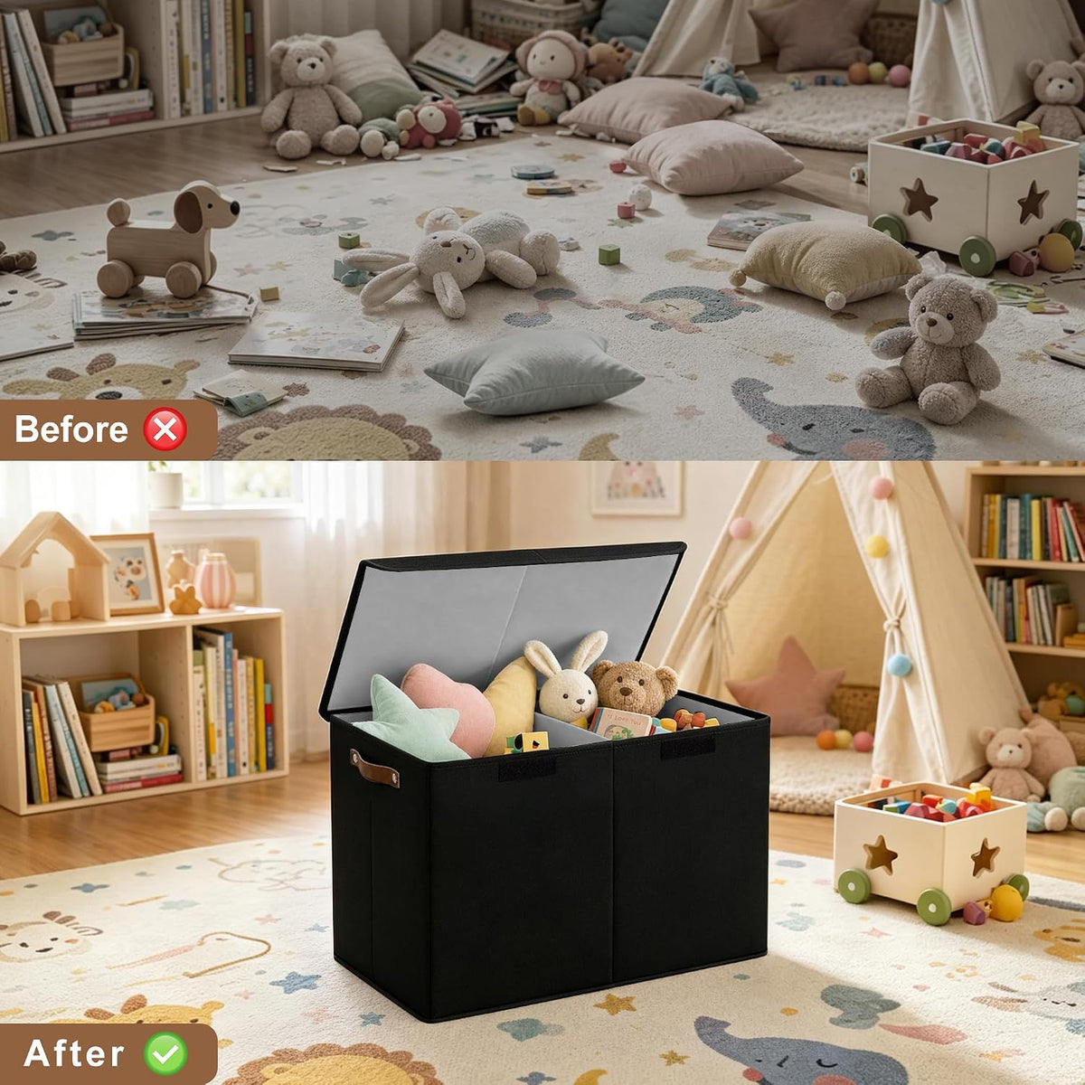 Large Toy Storage Box with Lids, Collapsible Sturdy Baby Storage Organizer Chest Bin Basket for Kids, Boys, Girls, Playroom, Nursery, Bedroom, Closet 25"x13"x16" (Beige and White)