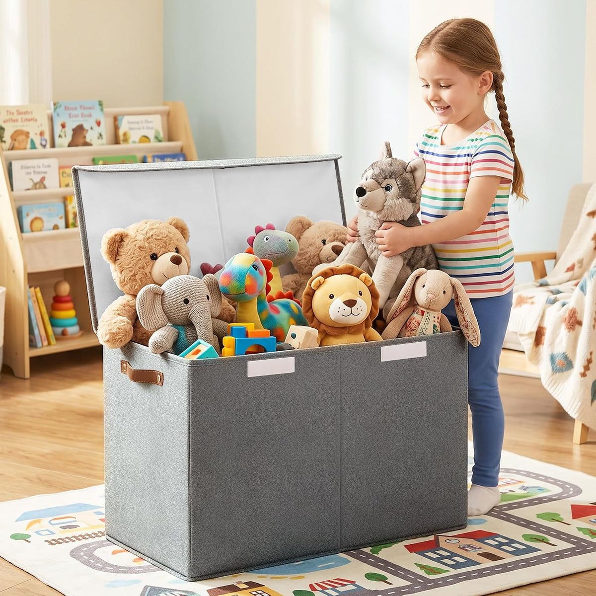 Large Toy Storage Box with Lids, Collapsible Sturdy Baby Storage Organizer Chest Bin Basket for Kids, Boys, Girls, Playroom, Nursery, Bedroom, Closet 25"x13"x16" (Beige and White)