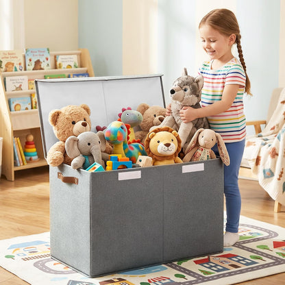 Large Toy Storage Box with Lids, Collapsible Sturdy Baby Storage Organizer Chest Bin Basket for Kids, Boys, Girls, Playroom, Nursery, Bedroom, Closet 25"x13"x16" (Beige and White)