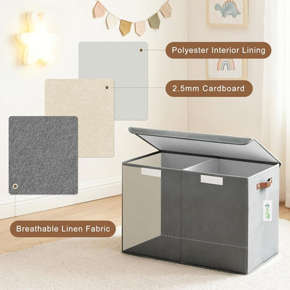 Large Toy Storage Box with Lids, Collapsible Sturdy Baby Storage Organizer Chest Bin Basket for Kids, Boys, Girls, Playroom, Nursery, Bedroom, Closet 25"x13"x16" (Beige and White)