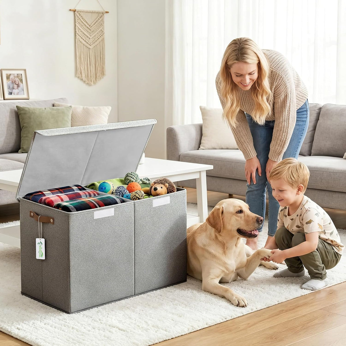 Large Toy Storage Box with Lids, Collapsible Sturdy Baby Storage Organizer Chest Bin Basket for Kids, Boys, Girls, Playroom, Nursery, Bedroom, Closet 25"x13"x16" (Beige and White)