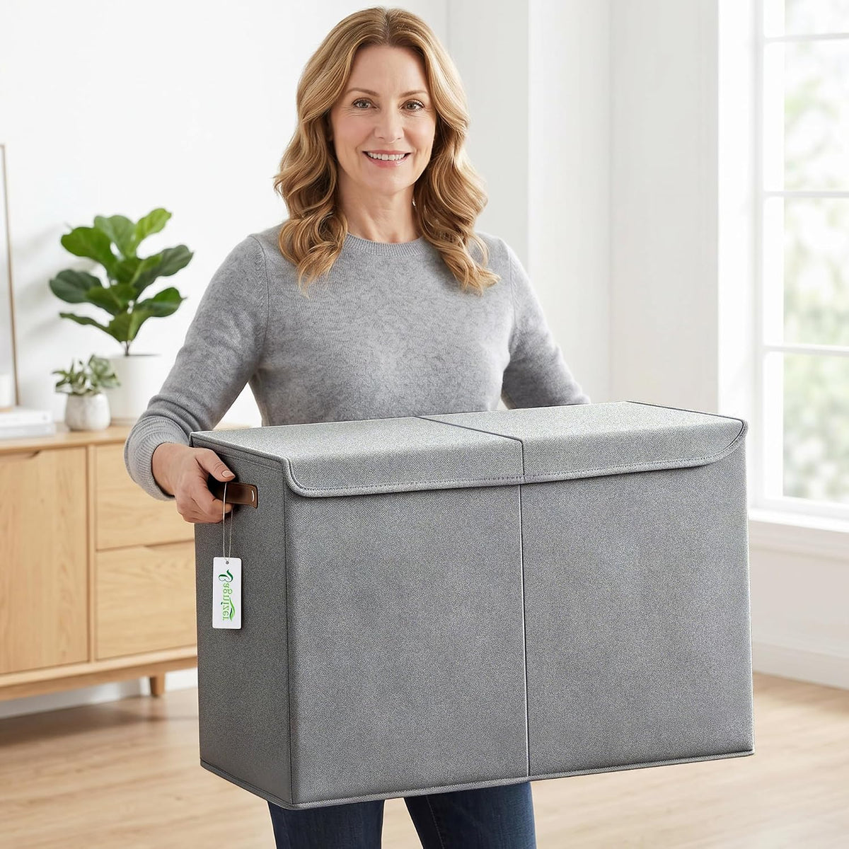 Large Toy Storage Box with Lids, Collapsible Sturdy Baby Storage Organizer Chest Bin Basket for Kids, Boys, Girls, Playroom, Nursery, Bedroom, Closet 25"x13"x16" (Beige and White)