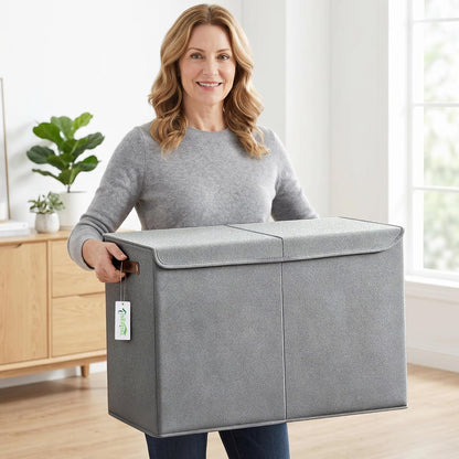 Large Toy Storage Box with Lids, Collapsible Sturdy Baby Storage Organizer Chest Bin Basket for Kids, Boys, Girls, Playroom, Nursery, Bedroom, Closet 25"x13"x16" (Beige and White)