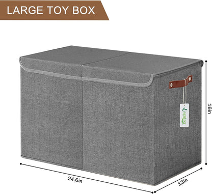 Large Toy Storage Box with Lids, Collapsible Sturdy Baby Storage Organizer Chest Bin Basket for Kids, Boys, Girls, Playroom, Nursery, Bedroom, Closet 25"x13"x16" (Beige and White)