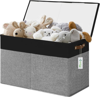 Large Toy Storage Box with Lids, Collapsible Sturdy Baby Storage Organizer Chest Bin Basket for Kids, Boys, Girls, Playroom, Nursery, Bedroom, Closet 25"x13"x16" (Beige and White)