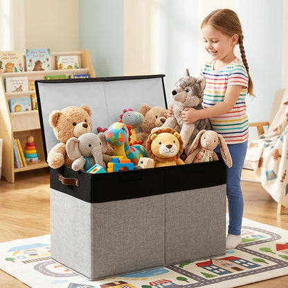 Large Toy Storage Box with Lids, Collapsible Sturdy Baby Storage Organizer Chest Bin Basket for Kids, Boys, Girls, Playroom, Nursery, Bedroom, Closet 25"x13"x16" (Beige and White)