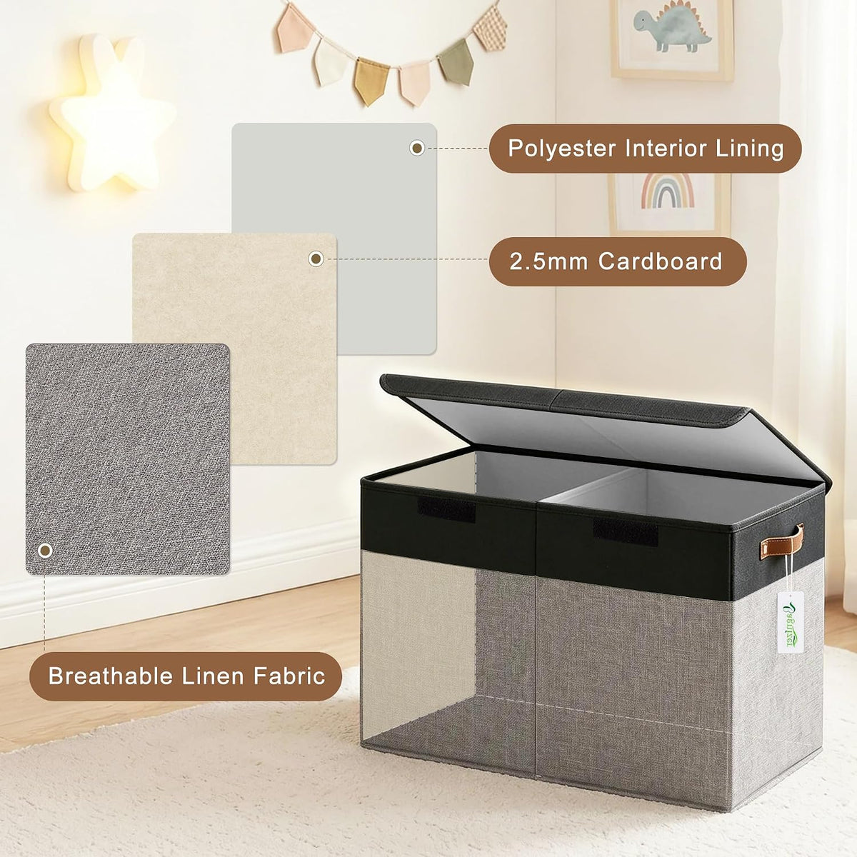 Large Toy Storage Box with Lids, Collapsible Sturdy Baby Storage Organizer Chest Bin Basket for Kids, Boys, Girls, Playroom, Nursery, Bedroom, Closet 25"x13"x16" (Beige and White)