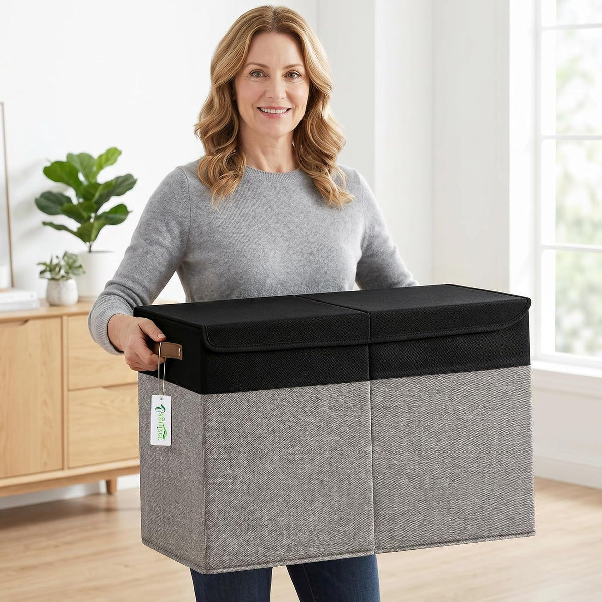 Large Toy Storage Box with Lids, Collapsible Sturdy Baby Storage Organizer Chest Bin Basket for Kids, Boys, Girls, Playroom, Nursery, Bedroom, Closet 25"x13"x16" (Beige and White)