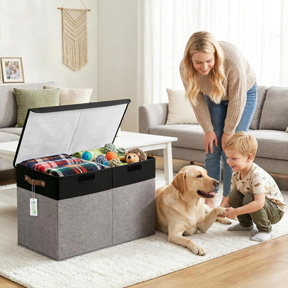 Large Toy Storage Box with Lids, Collapsible Sturdy Baby Storage Organizer Chest Bin Basket for Kids, Boys, Girls, Playroom, Nursery, Bedroom, Closet 25"x13"x16" (Beige and White)