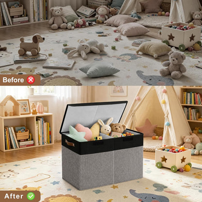 Large Toy Storage Box with Lids, Collapsible Sturdy Baby Storage Organizer Chest Bin Basket for Kids, Boys, Girls, Playroom, Nursery, Bedroom, Closet 25"x13"x16" (Beige and White)