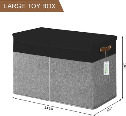 Large Toy Storage Box with Lids, Collapsible Sturdy Baby Storage Organizer Chest Bin Basket for Kids, Boys, Girls, Playroom, Nursery, Bedroom, Closet 25"x13"x16" (Beige and White)